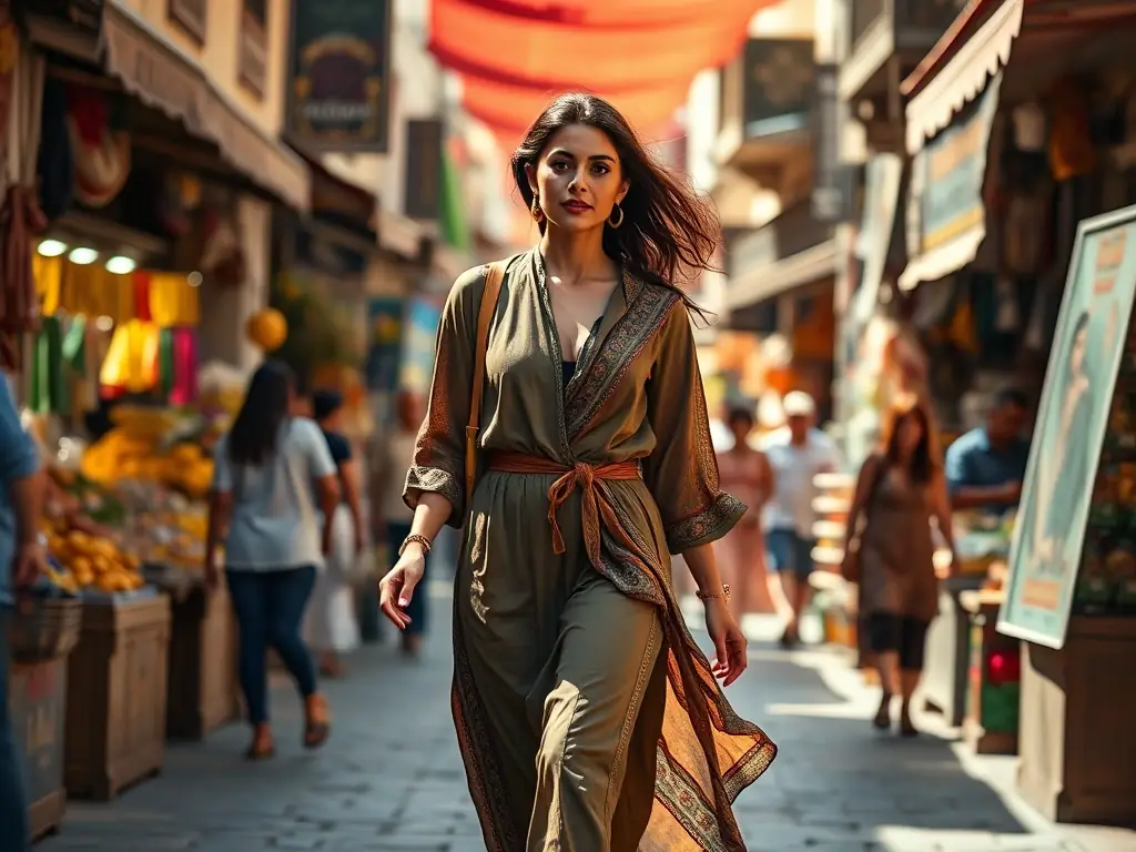 A captivating image of a woman confidently walking through the bustling streets of Fatima, wearing a stylish, modern outfit that reflects the blend of tradition and contemporary fashion.